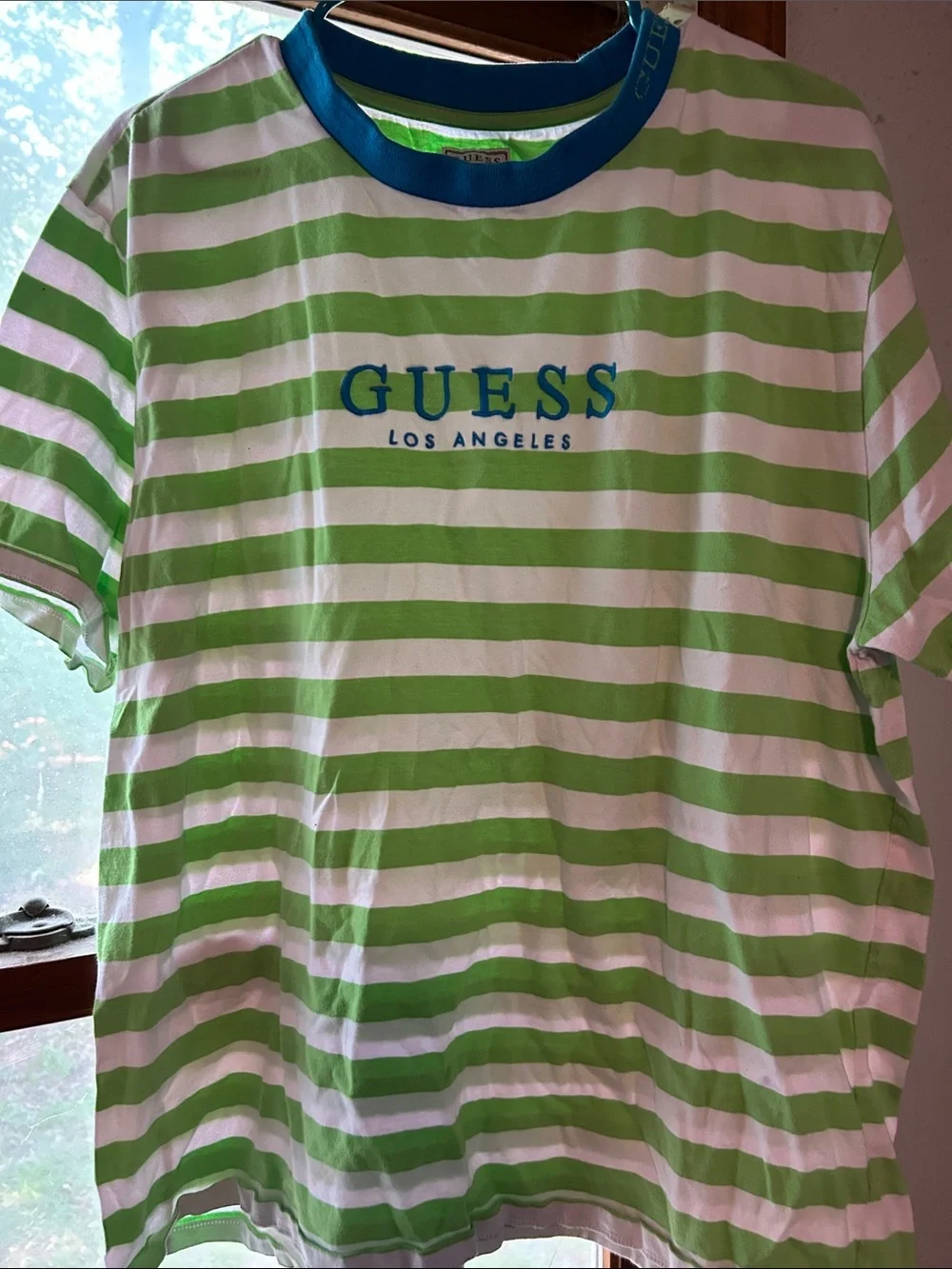 Vintage- GUESS Green and White Striped Tee with Blue Logo - Picture 1 of 6